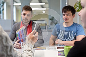 Business Discussion young People in casual Clothing Man pointing