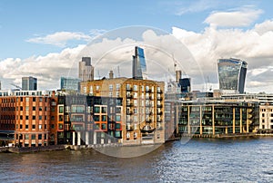 Business district with famous skyscrapers and landmarks at golden hour, London, UK