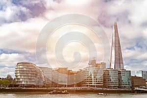 Business district with famous skyscrapers and landmarks at golden hour, London, UK