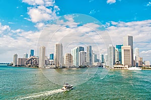 Business district Miami. Richness concept. Architecturally impressive high rise towers. Skyscrapers and harbor. Must see