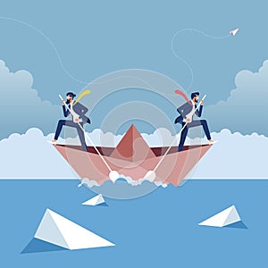 Business disunited concept-Two businessmen paddling in opposite directions