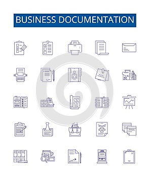 Business documentation line icons signs set. Design collection of Business, Documentation, Reports, Policies, Guidelines