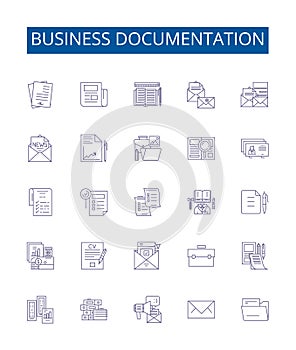 Business documentation line icons signs set. Design collection of Business, Documentation, Reports, Policies, Guidelines