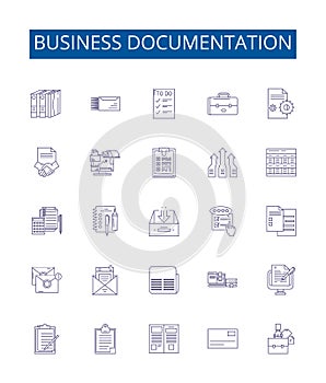 Business documentation line icons signs set. Design collection of Business, Documentation, Reports, Policies, Guidelines