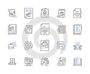 Business documents outline icons collection. Contracts, Policies, Invoices, Letters, Reports, Proposals, Bylaws vector photo
