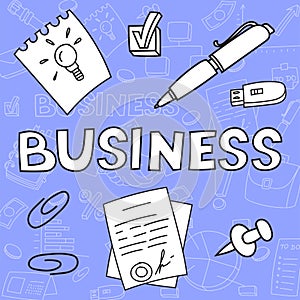 Business doodle icon set. Hand drawn sketch. Coloring page. Vector illustration isolated on color background