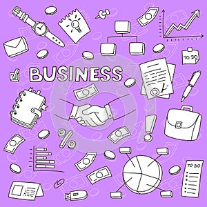 Business doodle icon set. Hand drawn sketch. Coloring page. Vector illustration isolated on color background