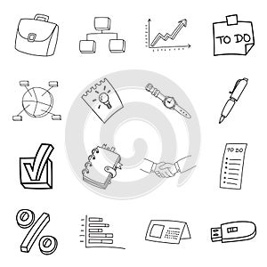 Business doodle icon set. Hand drawn sketch. Coloring page. Vector illustration isolated on white background