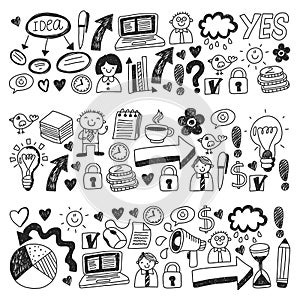 Business doodles. Social media icons. Vector background pattern. Internet, people, idea, teamwork.