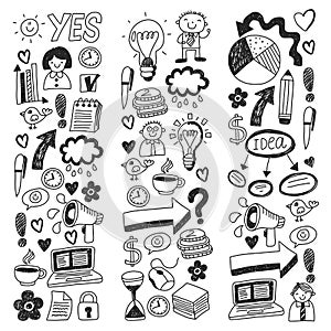 Business doodles. Social media icons. Vector background pattern. Internet, people, idea, teamwork.