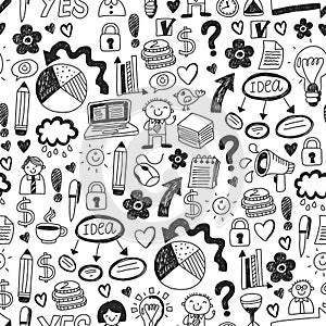 Business doodles. Social media icons. Vector background pattern. Internet, people, idea, teamwork.