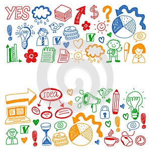 Business doodles. Social media icons. Vector background pattern. Internet, people, idea, teamwork.