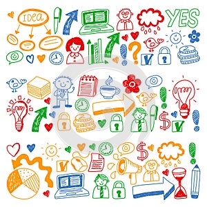 Business doodles. Social media icons. Vector background pattern. Internet, people, idea, teamwork.