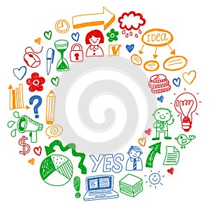 Business doodles. Social media icons. Vector background pattern. Internet, people, idea, teamwork.