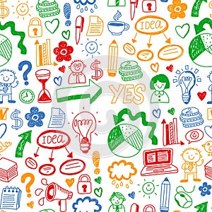 Business doodles. Social media icons. Vector background pattern. Internet, people, idea, teamwork.