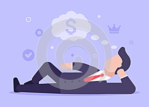 Business dreams concept. A man in a business suit lies and dreams of achieving success in business and getting a lot of money. Web