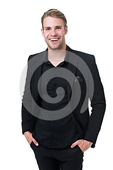 Business dress code. Man happy formal black suit white background. Business casual. Casual look made for professional
