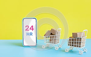 Business ecommerce or online shopping concepts with smartphone and product box order in trolley