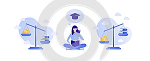 Business education balance people concept. Vector flat female person illustration. Libra with comparison money and book isolated