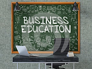 Business Education on Chalkboard with Doodle Icons. 3D Render.