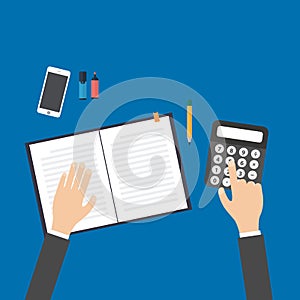 Business, education, people and technology concept - hands with calculator, pen and notebook