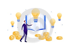 Business education and success concept. Vector flat person illustration. Businessman with open book idea light bulb and money sign