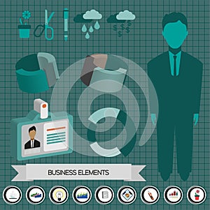 Business elements infographic with icons, persons, idea, charts and papers, flat design