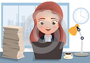 Business employee in overtime vector character. Business female office employee typing and working