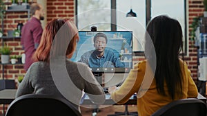 Business employees attending job interview of remote video call