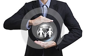 Business employees protecting customer care concept family