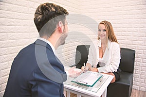 Business employer offering work to new employee extend agreement for signing to successful applicant, hiring new staff concept,