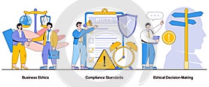 Business ethics, compliance standards, ethical decision-making concept with character. Ethical business practices abstract vector