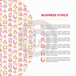 Business ethics concept with thin line icons: union, trust, honesty, justice, no to racism, recruitment service, teamwork, gender