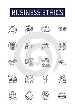 Business ethics line vector icons and signs. Integrity, Fairness, Respect, Responsibility, Trust, Transparency