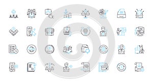 Business ethics linear icons set. Integrity, Accountability, Transparency, Hsty, Fairness, Morality, Responsibility line