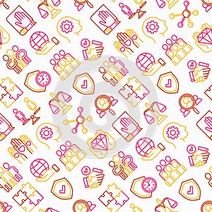 Business ethics seamless pattern with thin line icons: connection, union, trust, honesty, responsibility, justice, commitment, no