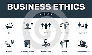 Business Ethics set icons collection. Includes simple elements such as CSR, Behavior, Trust, Principles and Morality