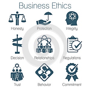 Business Ethics Solid Icon Set with Honesty, Integrity, Commitment, and Decision