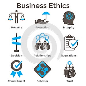 Business Ethics Solid Icon Set with Honesty, Integrity, Commitment, and Decision photo