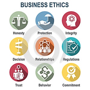 Business Ethics Solid Icon Set with Honesty, Integrity, Commitment, and Decision