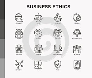 Business ethics thin line icons set: connection, union, trust, honesty, responsibility, justice, commitment, no to racism,