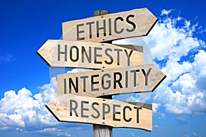 Business ethics - wooden signpost