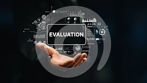 Business evaluation concept with digital interface displaying data graphics and analytics in a professional setting