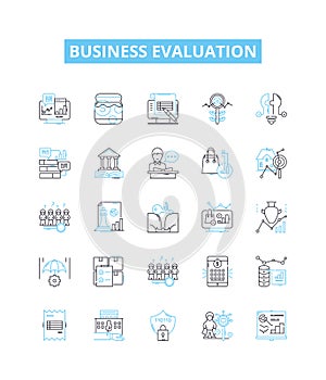 Business evaluation vector line icons set. Valuation, Analysis, Assess, Assessments, Review, Assessing, Assessors