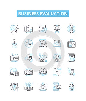 Business evaluation vector line icons set. Valuation, Analysis, Assess, Assessments, Review, Assessing, Assessors