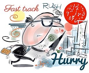 Business executive cartoon showing man running to beat deadlines