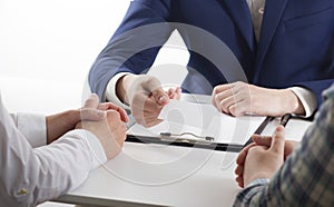 Business executive exchanging business card blank. Copy space