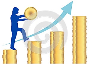 Business executive holding gold coin in hands stepping up the coin stack staircase placing golden coin with and arrow showing upwa