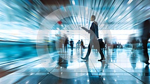 Business Executive Navigating Bustling Airport Concourse with Laptop and Mobile Devices Capturing the Demands of the Digital