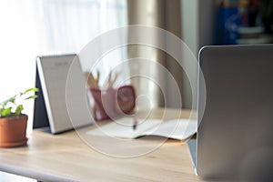 Business executive office table concept. Business computer office desk with desktop laptop, Calendar, notebook, schedule and